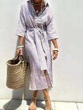 Striped Shirt Dress With Belt Fashion Half-sleeved Lapel Button Cardigan Dresses Women's Clothing Lady T Fashions