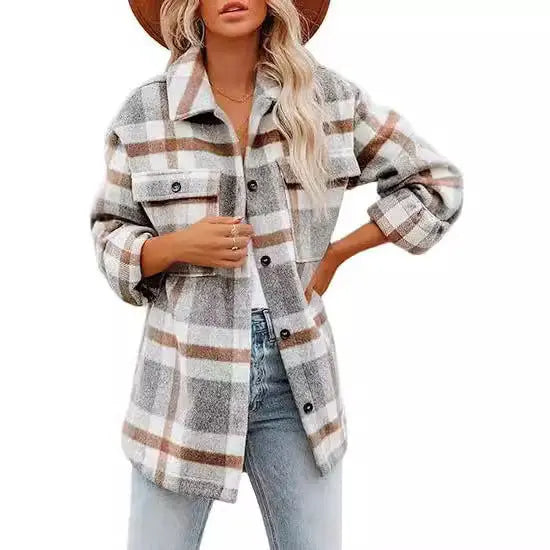 Women's Plaid Buckle Jacket Casual Fashion Long Sleeve Coat Lady T Fashions