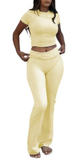 Casual Solid Color Slim Fit Two-piece Pants Set, Short Sleeved Round Neck T-shirt And Tight Flared Pants Sports Pants Clothing, Women's Clothing Lady T Fashions
