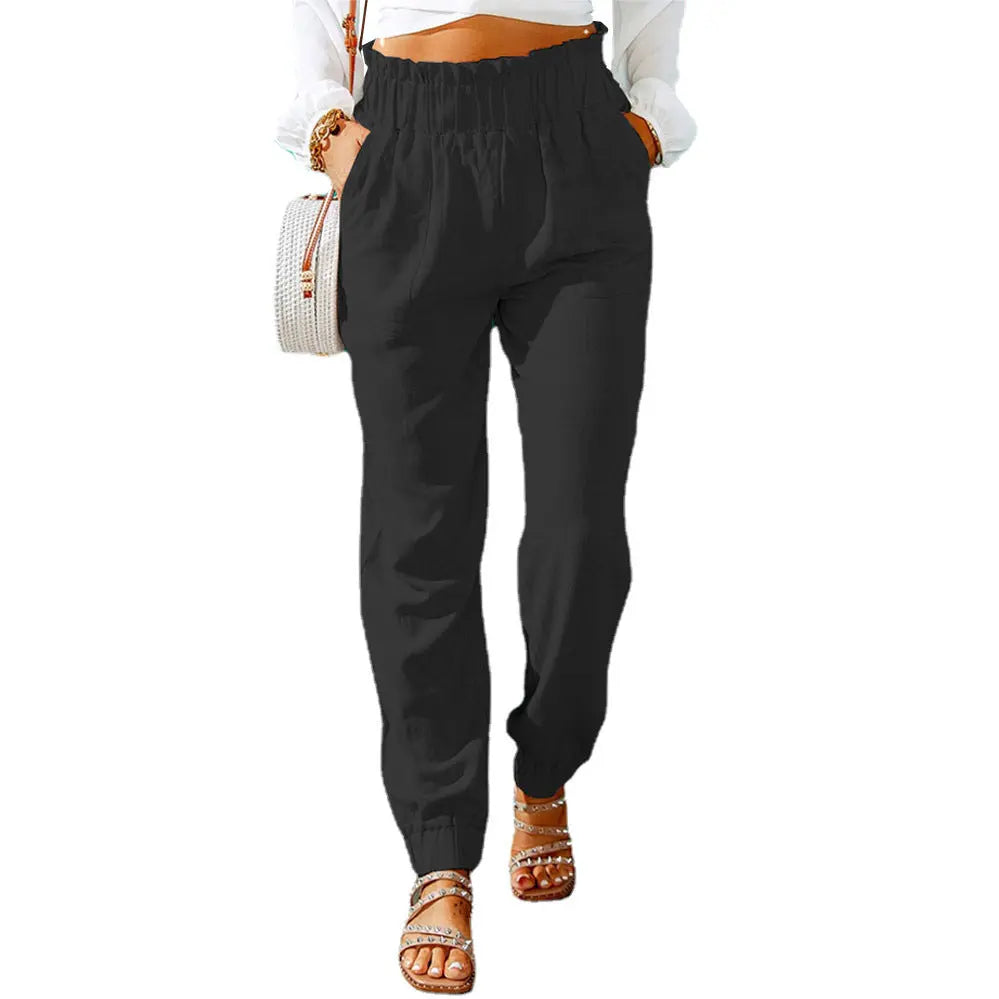 Ruffled Elastic Waistband High Waist Trousers Lady T Fashions