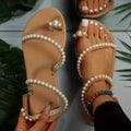 Women's Faux Pearl Flat Sandals, Stylish Rhinestone Toe Loop Slip On Shoes, Outdoor Beach Non Slip Sandals Lady T Fashions