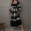 Elegant Women's Retro Geometric Print Lantern Sleeve Dress - Square Neck A-Line With Elastic Cuffs, Casual & Formal Dress Lady T Fashions
