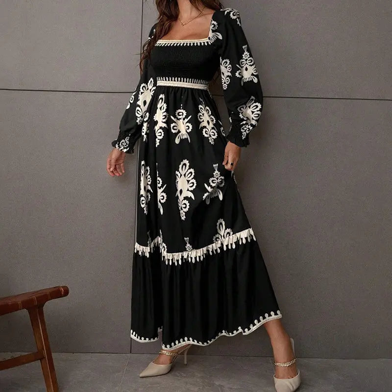 Elegant Women's Retro Geometric Print Lantern Sleeve Dress - Square Neck A-Line With Elastic Cuffs, Casual & Formal Dress Lady T Fashions