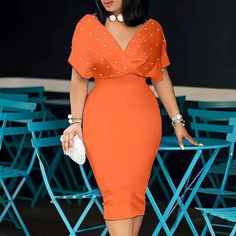 Women's Elegant Deep V Neck Wrap Bodycon Dress Back Zipper Pencil Midi Dress Lady T Fashions