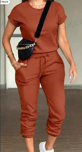 2pcs Women Solid Color Round Neck Short Sleeve Top And Drawstring Pocket Long Pants Casual Suit Lady T Fashions