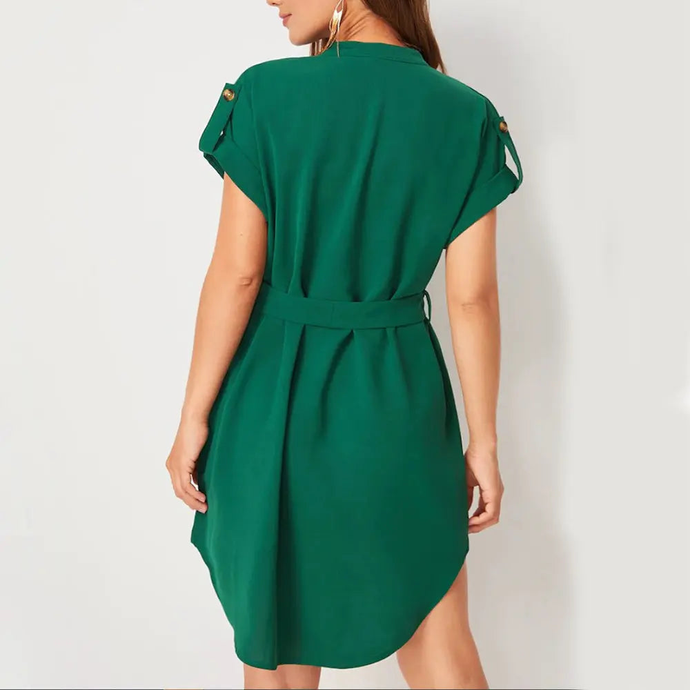 V-neck Short Sleeve Dress With Belt Summer Fashion Bowknot Dresses For Women Clothing Lady T Fashions