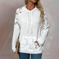 Women's Solid Color Casual Hooded Sweatshirt With Lace-Trimmed Sheer Sleeves & Large Lace Pockets, Pullover Hoodie Lady T Fashions
