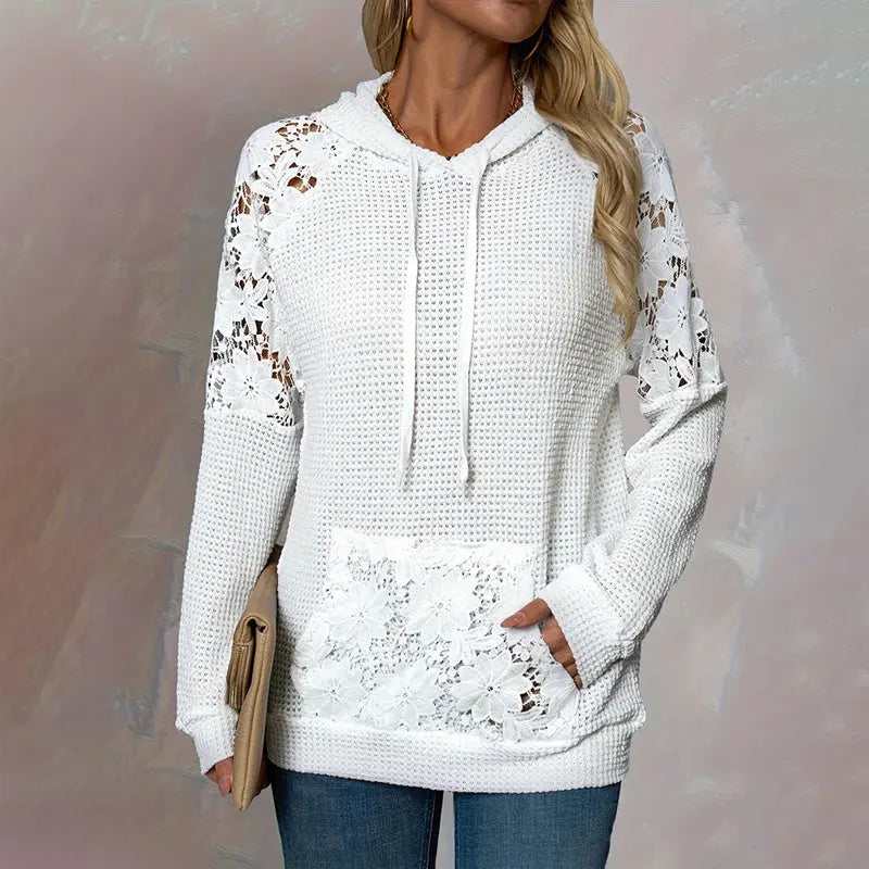 Women's Solid Color Casual Hooded Sweatshirt With Lace-Trimmed Sheer Sleeves & Large Lace Pockets, Pullover Hoodie Lady T Fashions