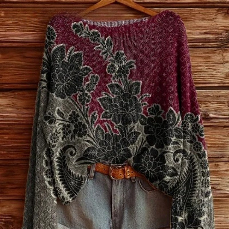 Floral Element Digital Printed Round Neck Off-the-shoulder Sweater