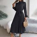 Elegant High Neck Long Sleeve Pleated Maxi Dress - Solid Color Flowy Dress For Women, Casual To Formal Wear Lady T Fashions