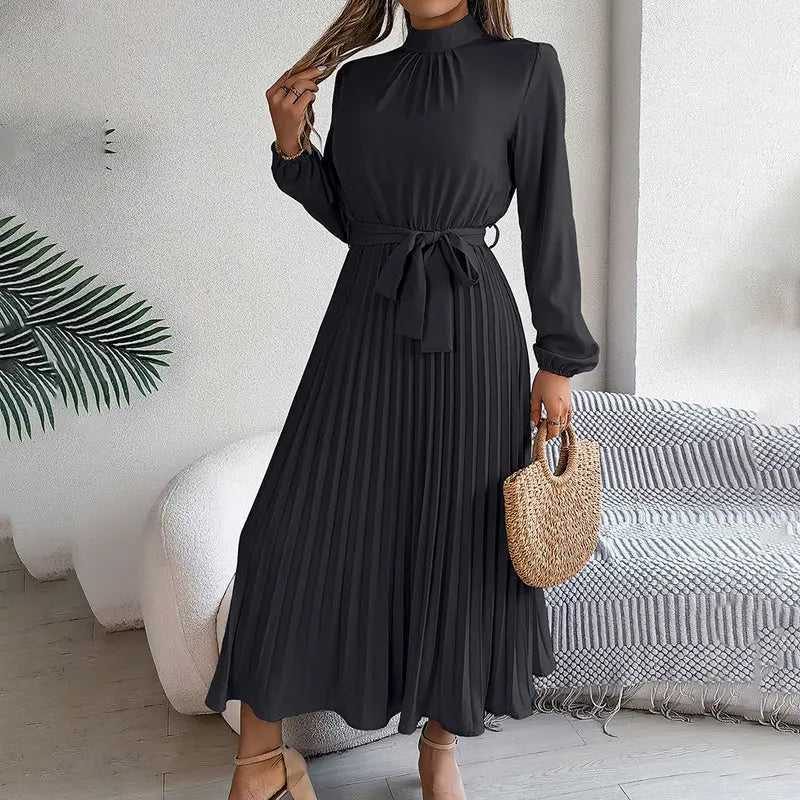 Elegant High Neck Long Sleeve Pleated Maxi Dress - Solid Color Flowy Dress For Women, Casual To Formal Wear Lady T Fashions