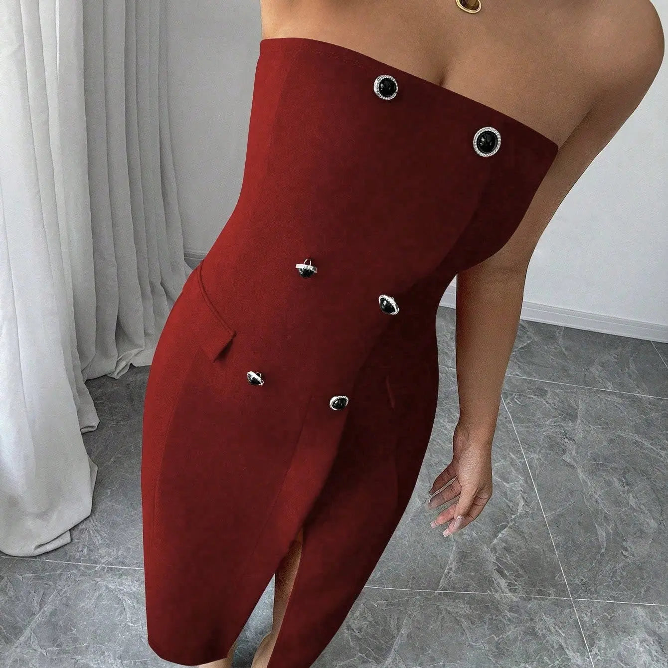 Women's Solid Color Button Sleeveless Slit Slim Fit Dress Lady T Fashions