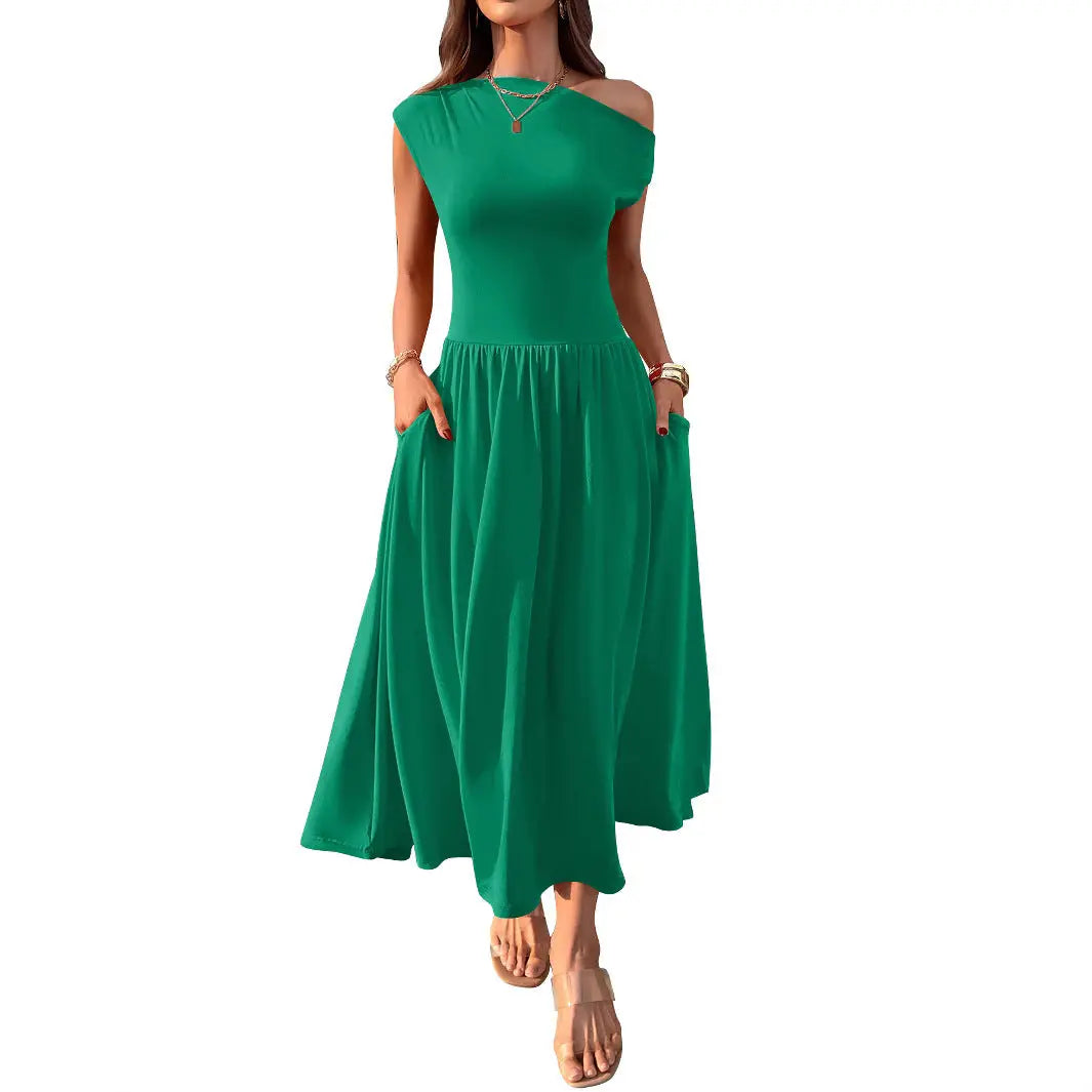 Slant Shoulder Sexy Waist Trimming Long With Pocket Dress Lady T Fashions