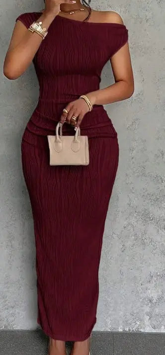 Summer New Elegant Party Daily Date Oblique Shoulder One-Shoulder Off-Shoulder Front Pleated Slim Long Skirt Wavy Texture  White Women's Dress Lady T Fashions