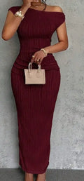 Summer New Elegant Party Daily Date Oblique Shoulder One-Shoulder Off-Shoulder Front Pleated Slim Long Skirt Wavy Texture  White Women's Dress Lady T Fashions