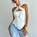 Women's Criss Cross Halter Bodysuit Ring Cut Out Sleeveless Fitted Leotard Tops Lady T Fashions