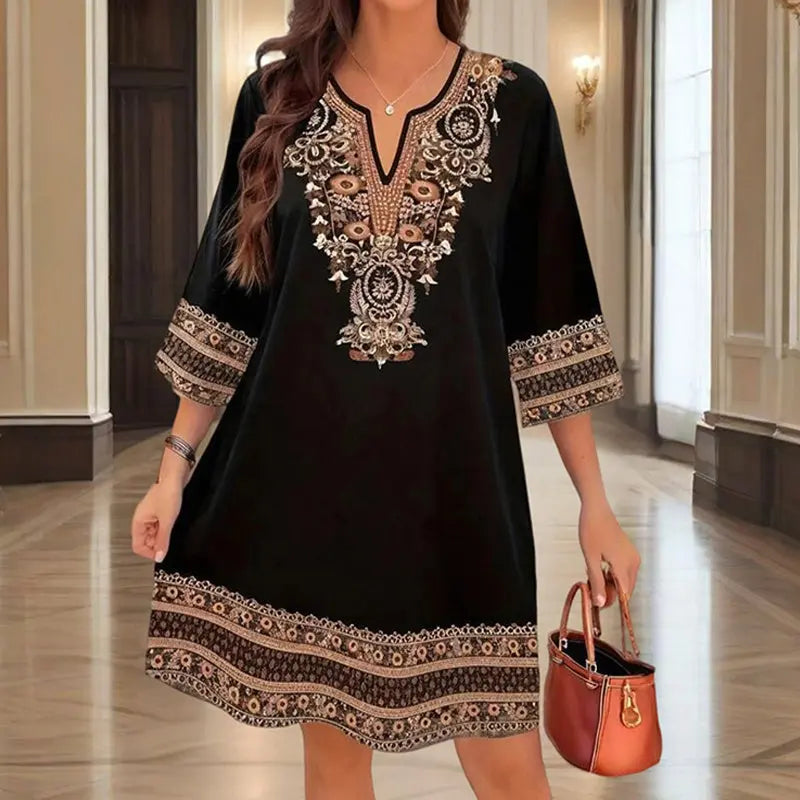 Women's V-Neck Middle Eastern Style Floral Print Midi Dress - Elegant Sleeve Design Lightweight Perfect For Spring&Summer Vacation & Daily Wear Lady T Fashions