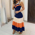Women's Summer Casual Sleeveless V Neck Color Block Spaghetti Strap Maxi Long Dress Lady T Fashions