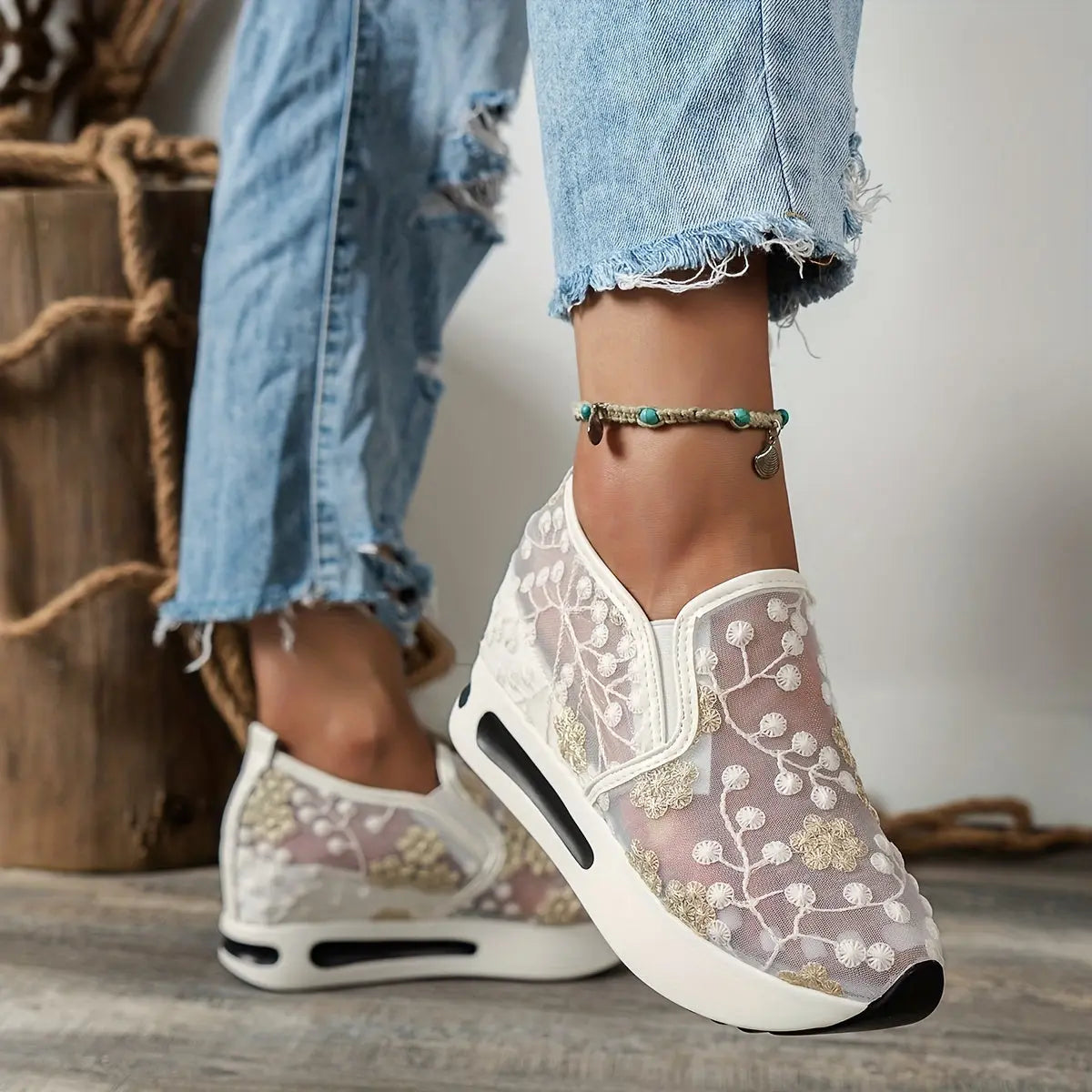 Stunning Floral Lace Platform Shoes - Fashion Sneakers with Height Increasing, Slip-On Design, Low Top Style, and Versatile Casual Wear - Perfect for Everyday Outings and Special Occasions Lady T Fashions
