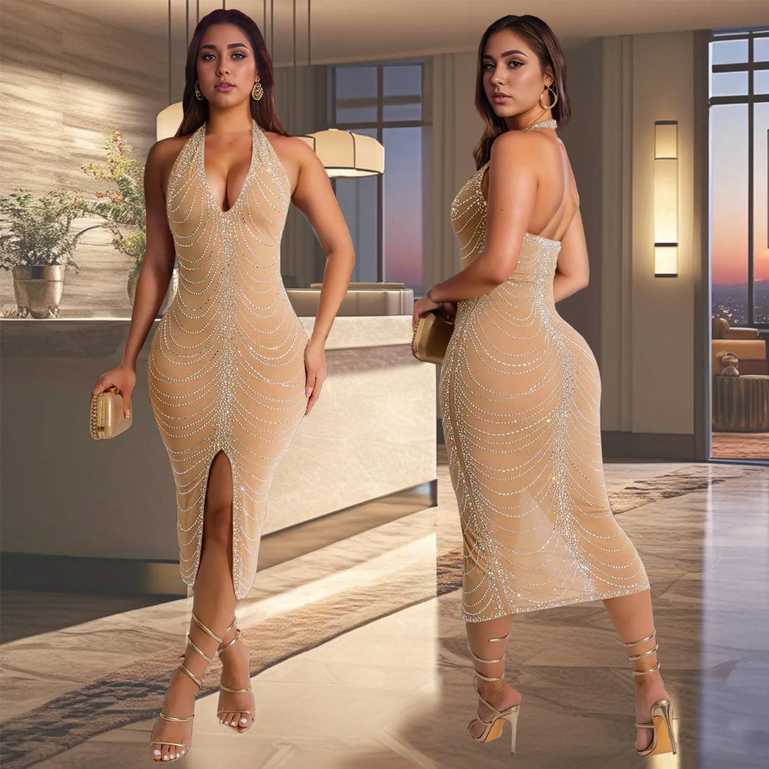 European And American Fashion Rhinestone Slim Fit Dress Lady T Fashions