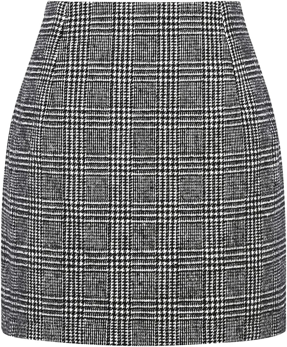 Women's High Waist Plaid Tight Pencil Wool Mini Skirt Lady T Fashions
