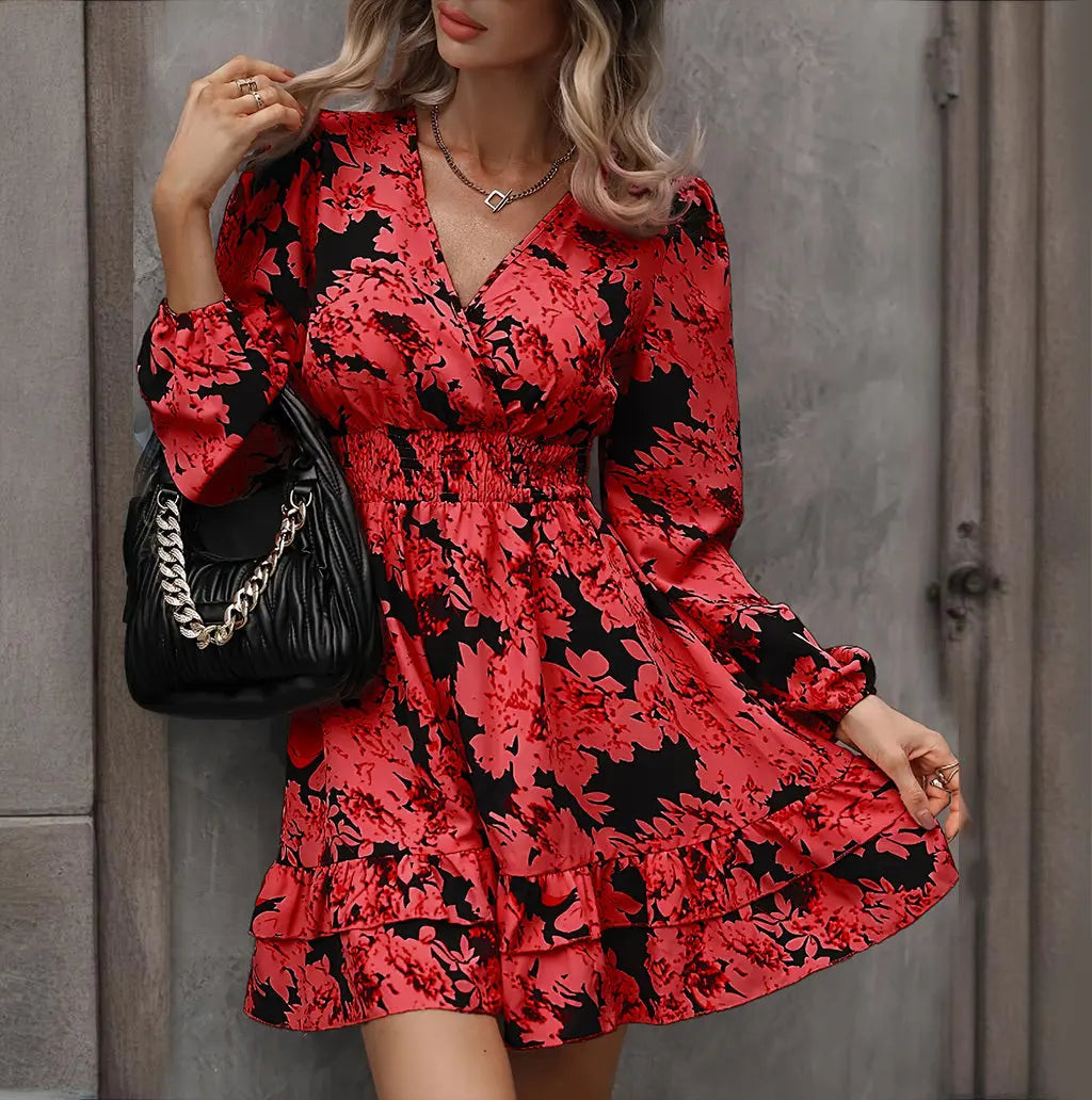 Women's Elegant Printed Lantern Sleeve A-Line Dress V-Neck, Ruffled Gathered Waist Detail, Flowy Midi Dress For Casual & Formal Occasions Lady T Fashions