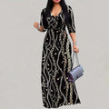 Women's Summer Geometric Print Maxi Dresses Casual 3 4 Sleeve V-Neck Tie Waist Long Dress Lady T Fashions