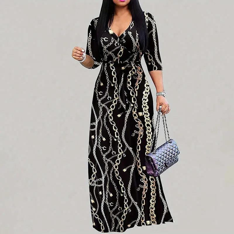 Women's Summer Geometric Print Maxi Dresses Casual 3 4 Sleeve V-Neck Tie Waist Long Dress Lady T Fashions