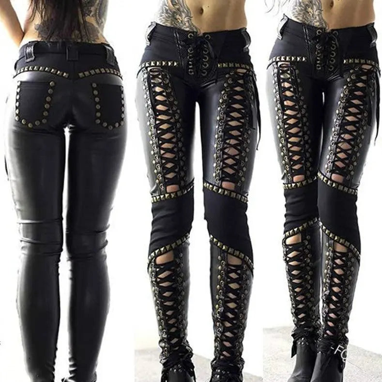 Punk Rock Leather Skinny Pants Strap Base Leather Pants Lady T Fashions