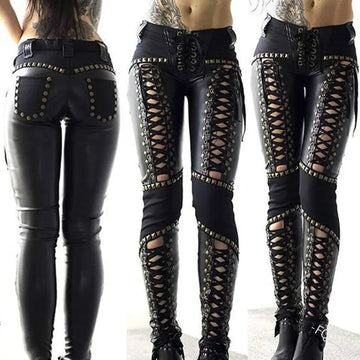 Punk Rock Leather Skinny Pants Strap Base Leather Pants Lady T Fashions