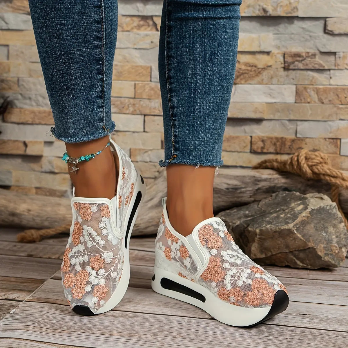 Stunning Floral Lace Platform Shoes - Fashion Sneakers with Height Increasing, Slip-On Design, Low Top Style, and Versatile Casual Wear - Perfect for Everyday Outings and Special Occasions Lady T Fashions