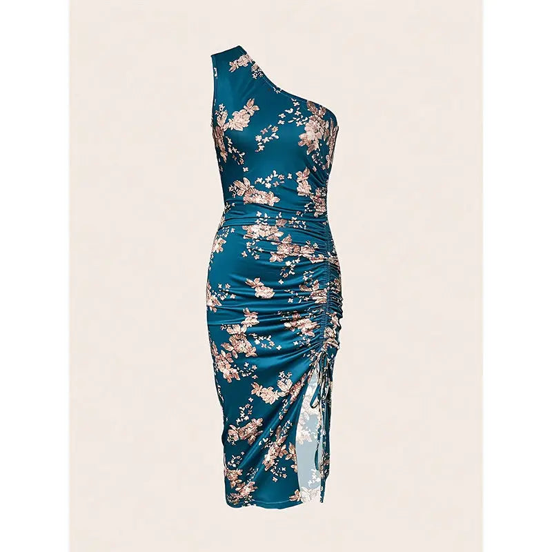 Women's One Shoulder Bodycon Dresses Summer 2025 Ruched High Split Floral Beach Cocktail Wedding Guest Dress Lady T Fashions