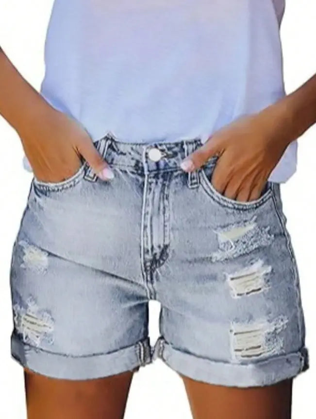 Womens Mid-High Rise Ripped Jean Shorts Distressed Stretchy Denim Shorts Lady T Fashions