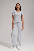 Women's Casual Sports Two-piece Set With V-neck Button, Short Sleeved, Low Waisted Flared Pants, Sportswear Lady T Fashions