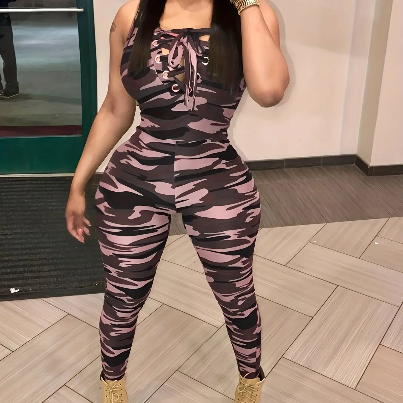 Sleeveless Leopard Print Sexy Jumpsuit, Skinny Camouflage Knitted Jumpsuit, Women's Clothing Lady T Fashions