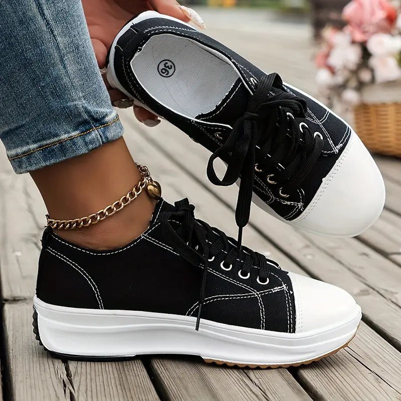 Women's Chunky Canvas Shoes, Non Slip Lace Up Casual Sneakers, Thick Sole Running Sports Shoes Lady T Fashions