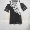 Ladies' Abstract Printed Color Blocked Off Shoulder Contrasting Mesh Casual Dress Lady T Fashions