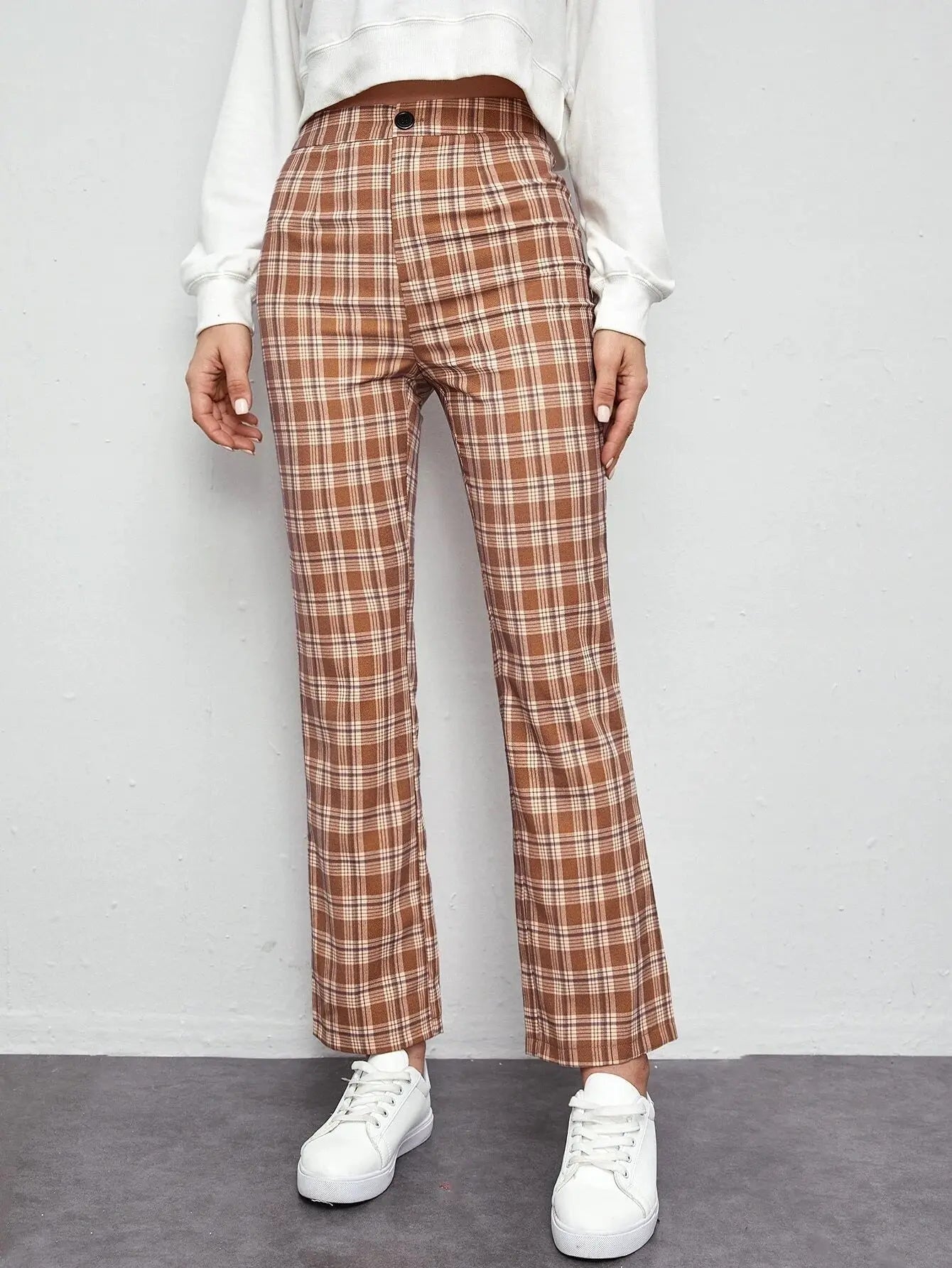 Mid-rise Plaid Print Temperament Commuting Literary Style Slightly Flared Wide-leg Pants Trousers Casual Pants Lady T Fashions