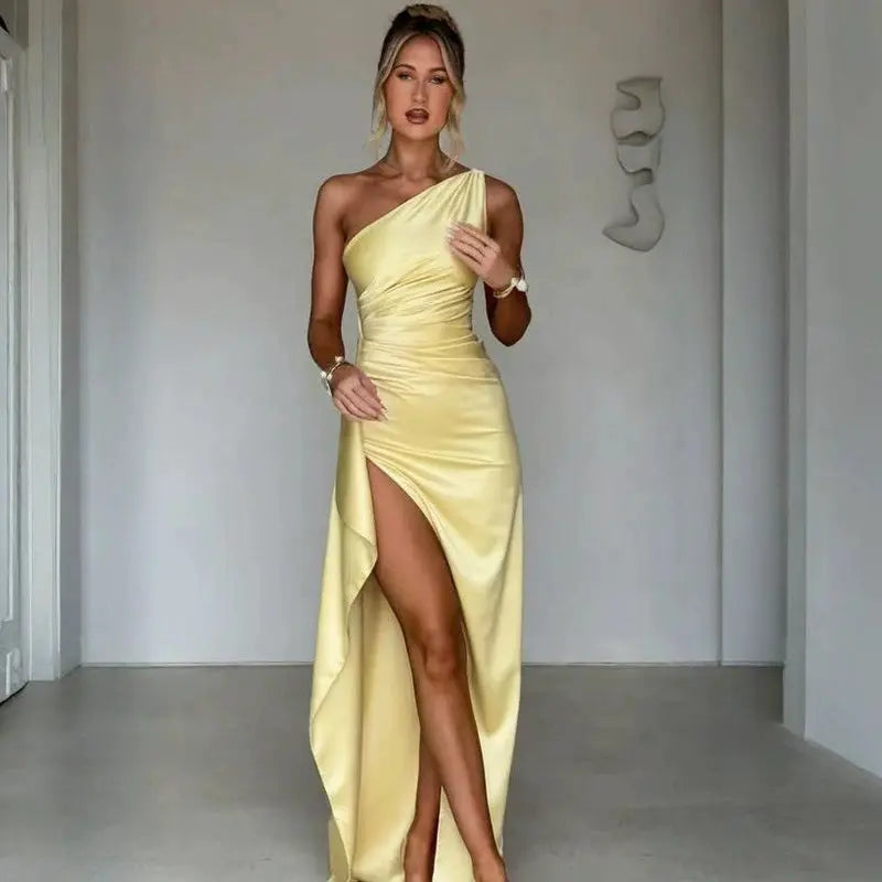 Sexy One-shoulder Backless Slit Dress Summer Elegant Slim-fit Solid Color Satin Dresses For Women Lady T Fashions