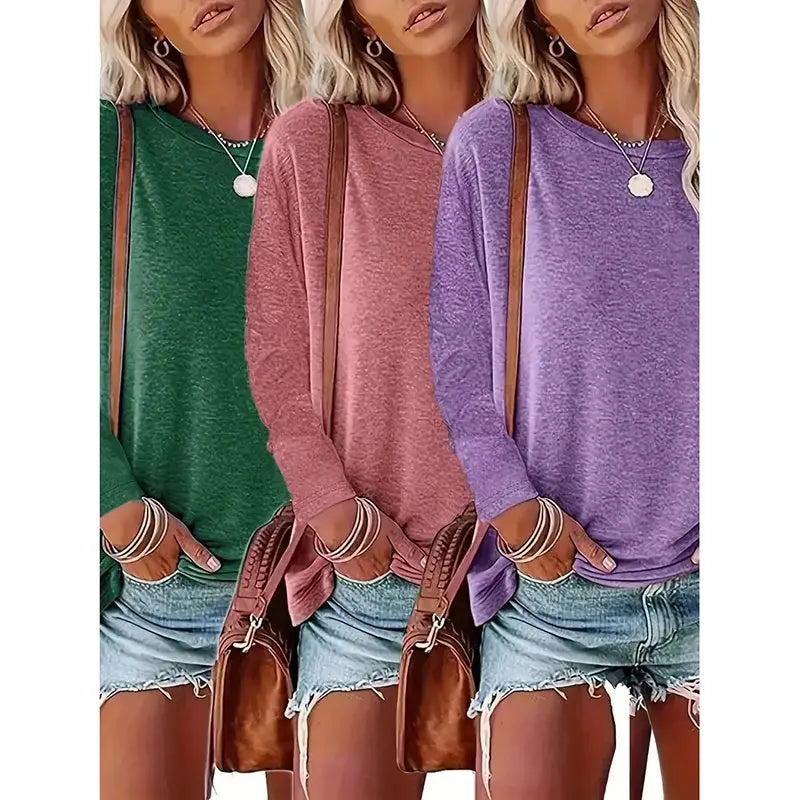 3 Pack Womens Plus Size Long Sleeve Shirts Crew Neck Basic Tee Tops Loose Fit Fall Outfits For Women 1X-5X Lady T Fashions