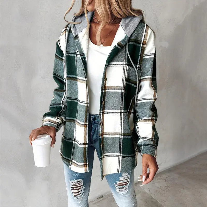 Women's Plaid Drawstring Hoodie Long Sleeve Shirt Button Front Casual Tops Spring&Fall Fashion Minimalist Style Lady T Fashions