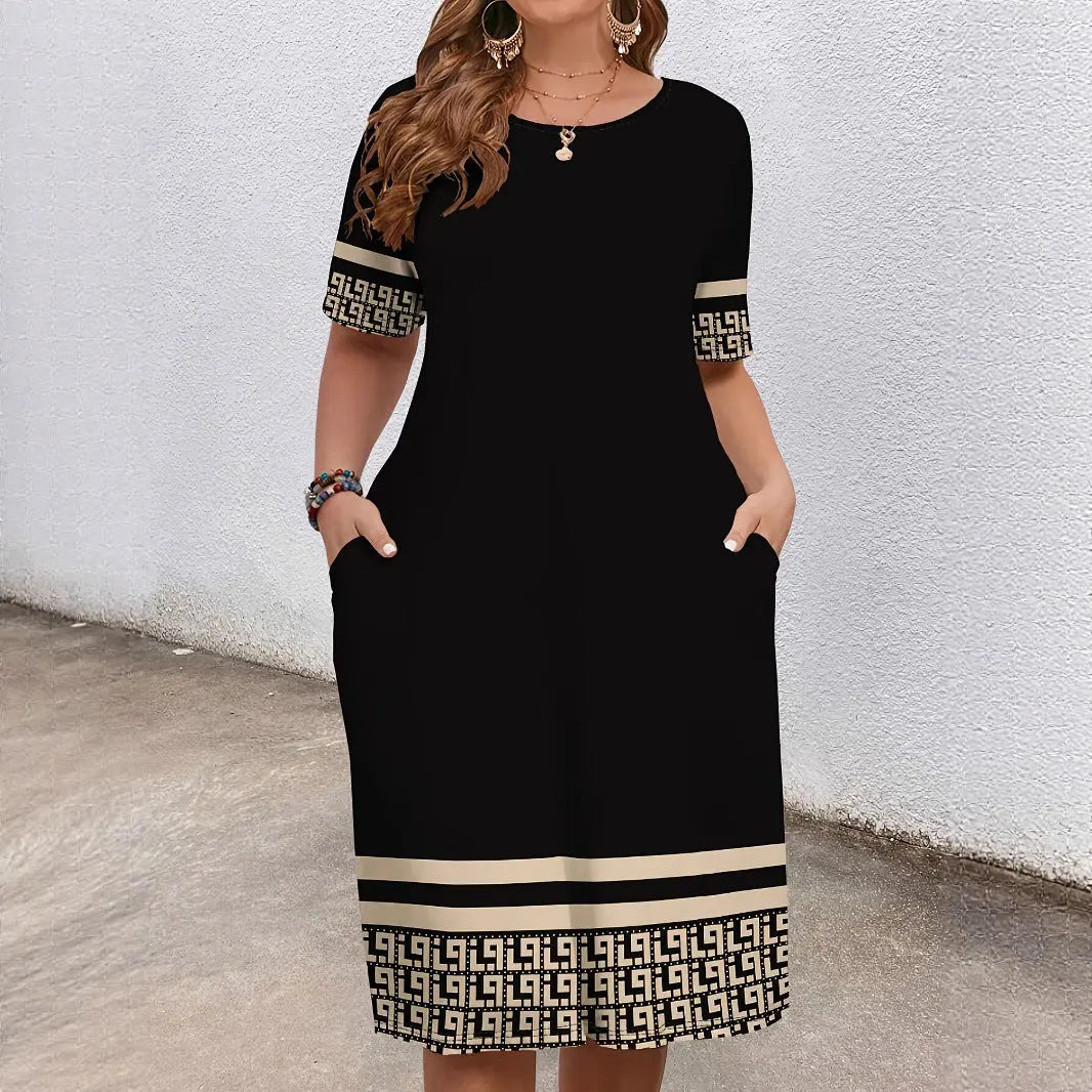 Comfortable Round Neck Fashion Elegant Contrast Color Short Sleeve Dress Lady T Fashions