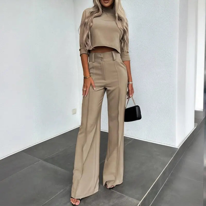 Women's Elegant Solid Color Half Sleeve Short Top With Straight Leg Pants Two-Piece Office Wear Suit With Pockets Lady T Fashions