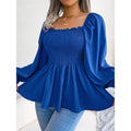 Women's Peplum Tops Square Neck Ruffle Trim Long Sleeve Blouse Smocked Top Dressy Casual Shirts Lady T Fashions