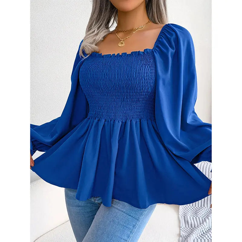 Women's Peplum Tops Square Neck Ruffle Trim Long Sleeve Blouse Smocked Top Dressy Casual Shirts Lady T Fashions