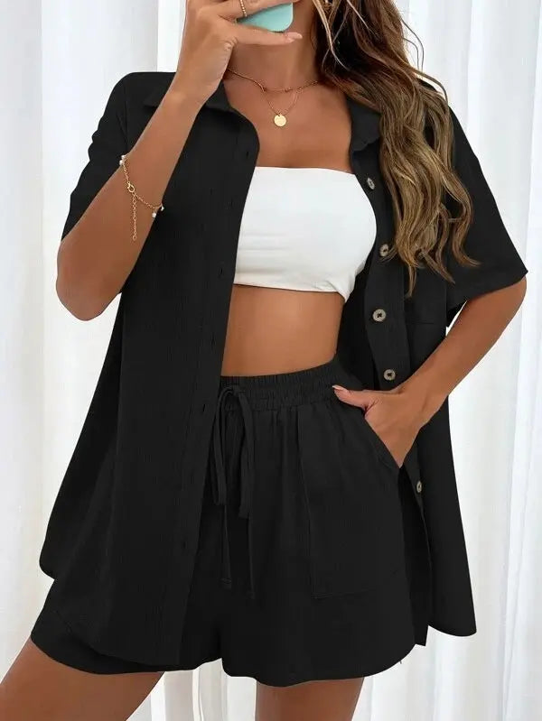 Women's Fashion Shorts Two Pieces Solid Color Shirt Suit Lady T Fashions