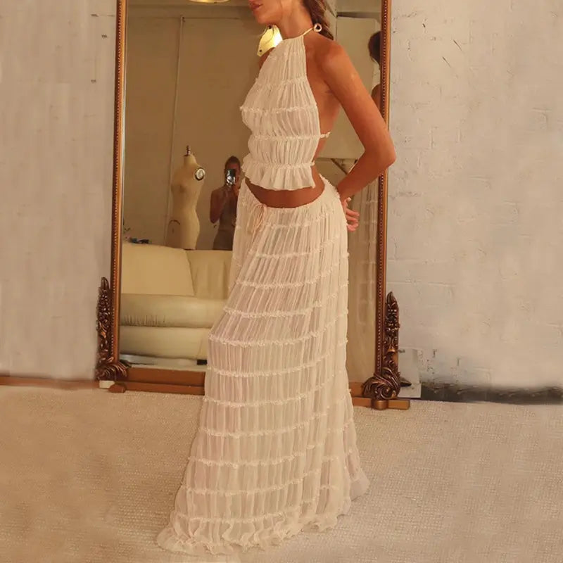 2pcs Women's Dress Suit Sexy Sleeveless Backless Cropped Halter Top And Pleated Long Skirt Beach Clothing Lady T Fashions