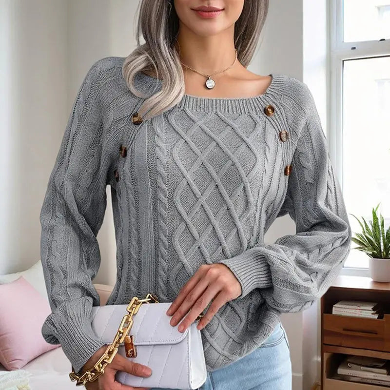 Women's Solid Color Casual Square Neck Button-Detail Knit Top - Textured Ribbed Pattern, Cozy Fall&Winter Sweater Lady T Fashions