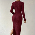 Women's Crew Neck Long Sleeve Ribbed Dress Side Slit Knit Bodycon Midi Dress Lady T Fashions