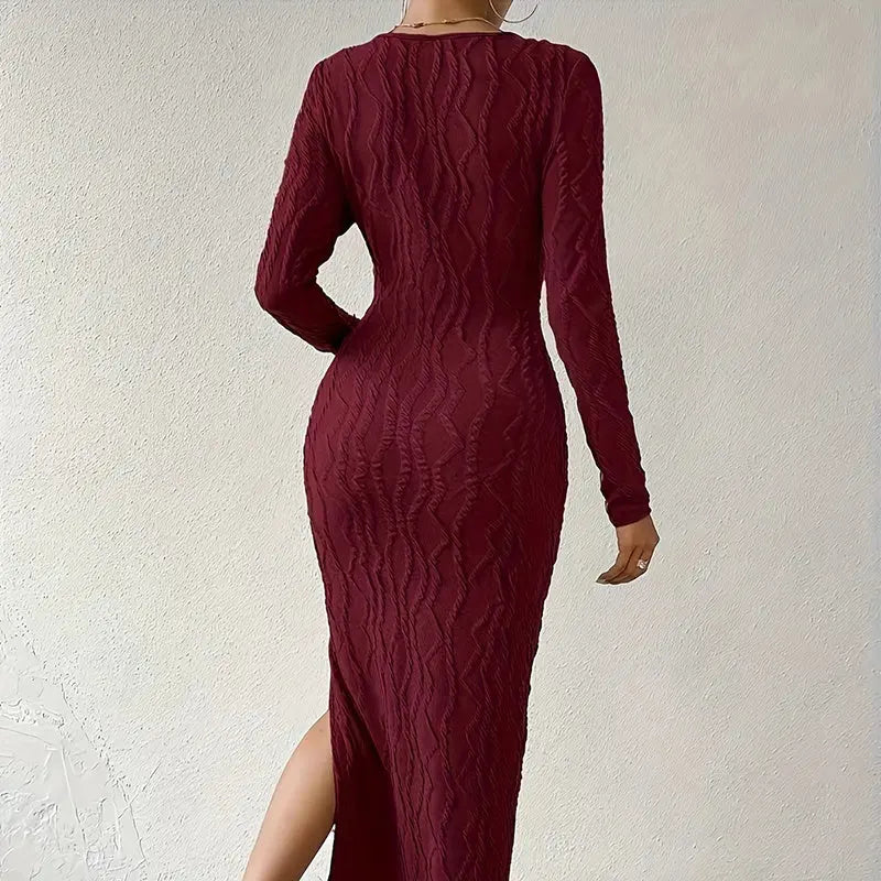 Women's Crew Neck Long Sleeve Ribbed Dress Side Slit Knit Bodycon Midi Dress Lady T Fashions